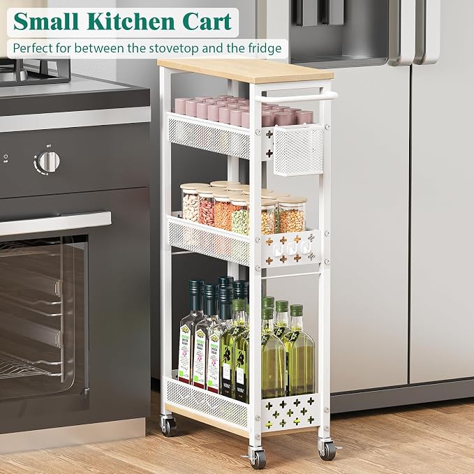 XYZLVSI Slim Rolling Storage Cart, 4 Tier Narrow Shelf for Small Spaces | Skinny rolling cart 14.4" bottom shelf, wire basket, hooks, ideal for kitchen/bathroom/dorm, between washer and dryer storage - Image 3