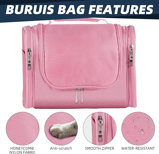 Buruis Hanging Toiletry Bag, Travel Toiletry Bag for Women and Men, Pink | Honeycomb Nylon Design, Large Capacity, Dual Zippers, Sturdy Hanging Hook, Full-Size Toiletry Storage, Cosmetic Essentials - Image 5