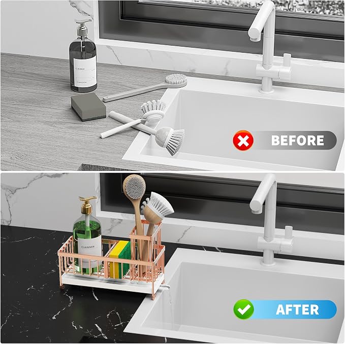 Cisily Sponge Holder for Kitchen Sink, Sink Caddy Organizer with High Brush Holder, Kitchen Countertop Organizers and Storage Essentials, Rustproof 304 Stainless Steel (Rose Gold, 9.25″) - Image 7