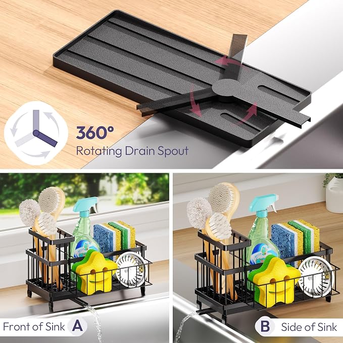 SWTYMIKI Sink Caddy Sponge Holder - Large Sponge Holder for Kitchen Sink with 360°Auto-Drain Tray, Rustproof Stainless Steel Kitchen Organizer Caddy for Countertop Organization - Image 2