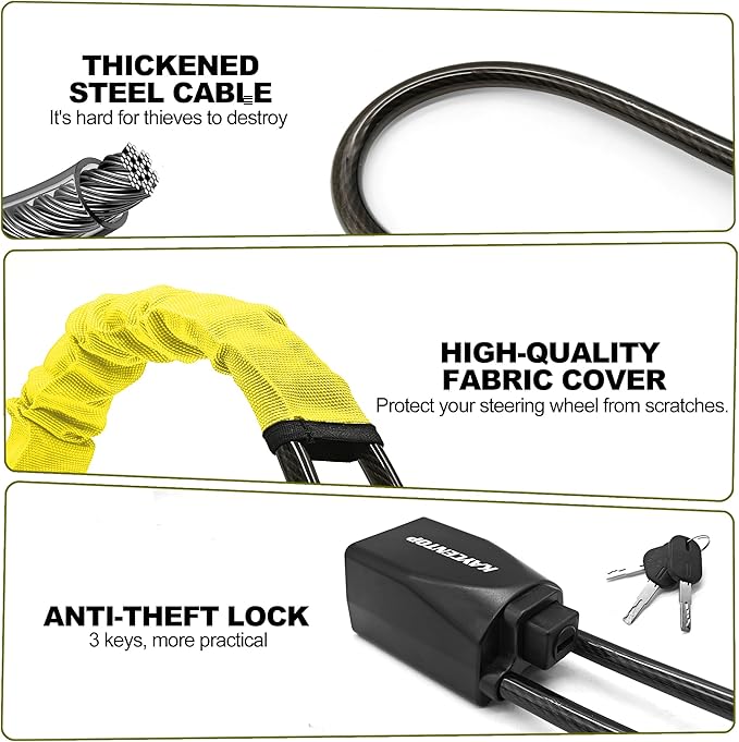 KAYCENTOP Car Steering Wheel Lock, Seat Belt Lock, Anti-Theft Device, Max 17 Inch Length, Small and Light-Weight, Multi-Functional, Fit Most Vehicle, SUV, Golf Cart Security (Yellow) - Image 4