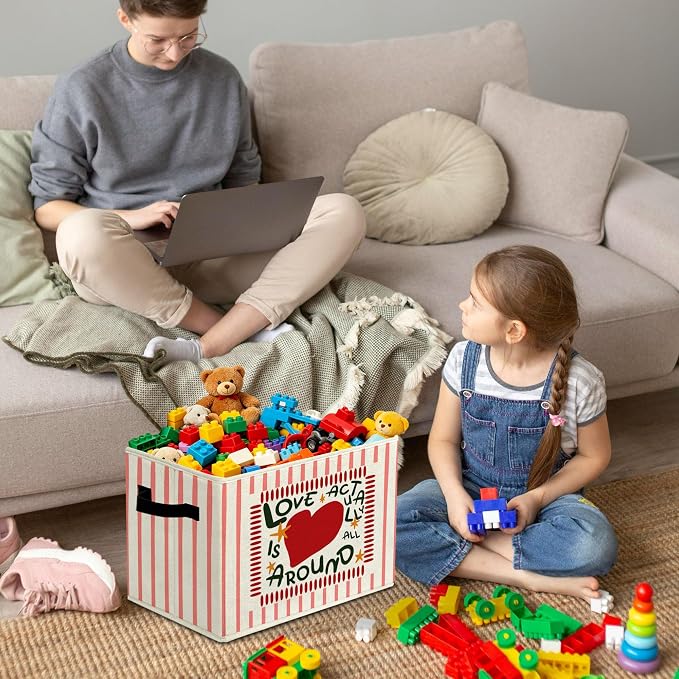Heartwarming Comforting Star Storage Bins Box with Handles Organizer Basket | cheerful heart foldable basket for organizing, pink stripe collapsible toys clothes for nursery bedroom playroom, 10x14 in - Image 4