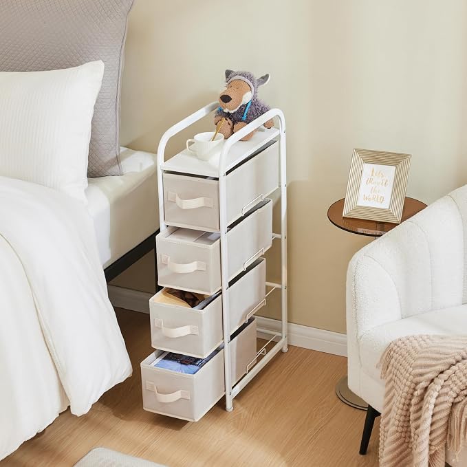 MAX Houser 4 Drawer Narrow Dresser Fabric Storage Tower Vertical Slim Storage Chest Organizer Nightstand Side/End Table Small Standing Organizer Removable Drawers Wood Top for Bedroom, Bathroom(Beige) - Image 5