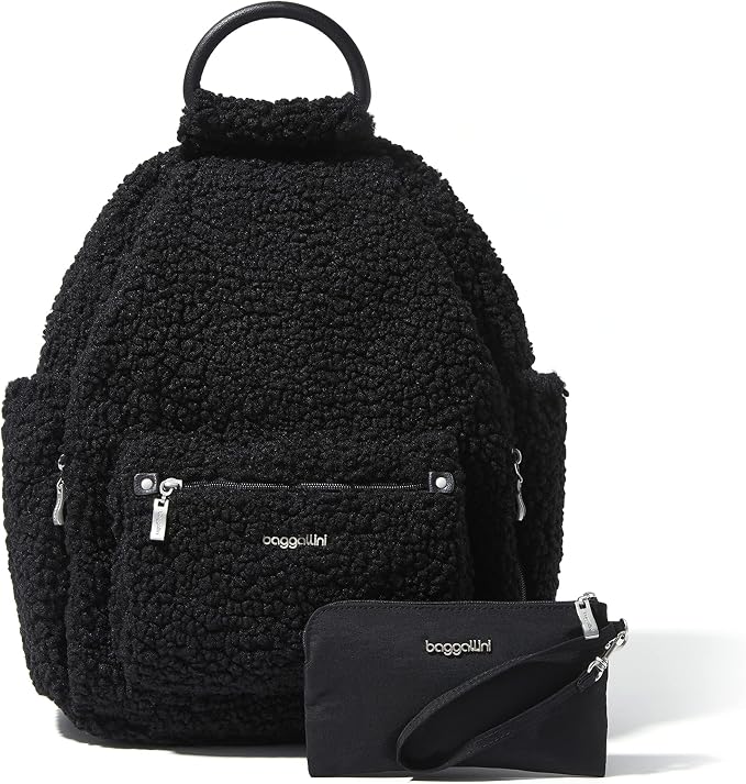 Baggallini Womens All Day Backpack With RFID Phone Wristlet, Black Faux Shearling by baggallini