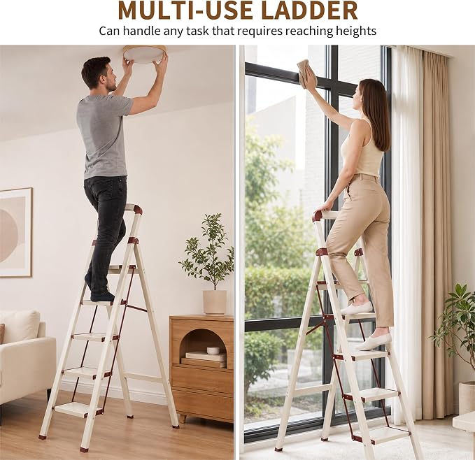Step Ladder 5-Step White Finish Aluminum Iron Folding Ladders | Anti-slip Sturdy Foldable Ladder Step Stool for Kitchen Home Office Libaray - Image 6