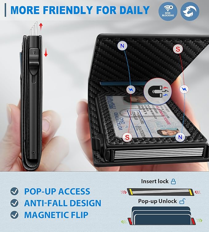 Wallet for Men, Slim Pop Up Card Holder with RFID Blocking, Minimalist Bifold Wallet with 9 Card Slots, ID Window and Cash Pocket, Metal Flip Case with Magnetic Closure, Gift Box - Image 3