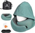 Travel Pillow - Hooded Neck Pillow Airplane Memory Foam Filling | for Plane, Office, Cars Sleeping, Road Trip, Long Flights Essentials, Includes Eye Mask & Earplugs (Green) by Vzpeun