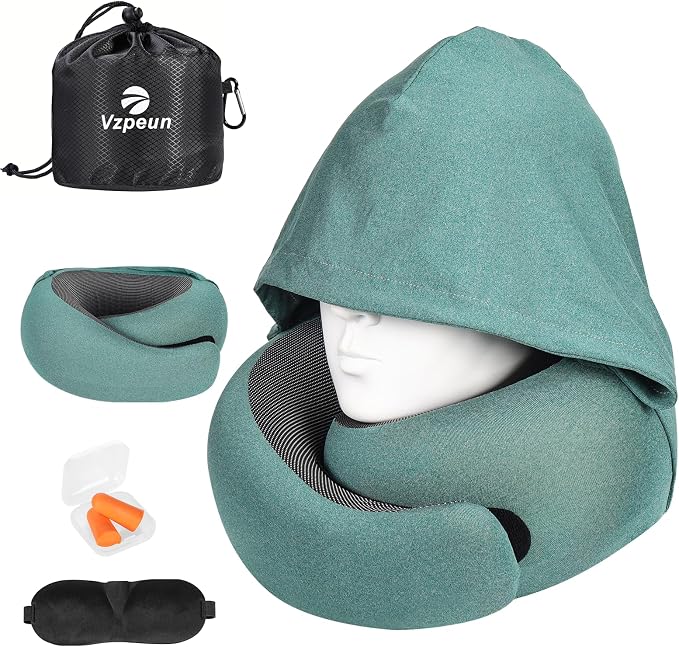 Travel Pillow - Hooded Neck Pillow Airplane Memory Foam Filling | for Plane, Office, Cars Sleeping, Road Trip, Long Flights Essentials, Includes Eye Mask & Earplugs (Green) by Vzpeun
