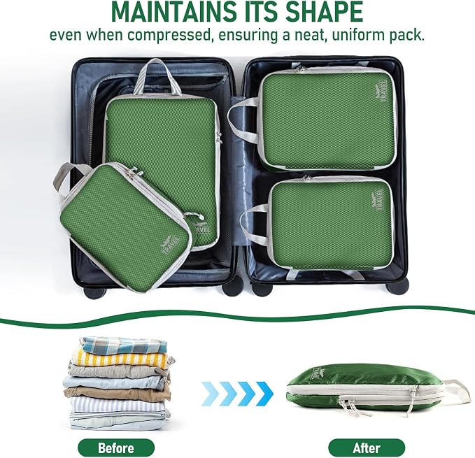 6 Set Compression Packing Cubes, Suitcase Organizer, Lightweight Travel Essentials, Compression Bags For Travel Accessories Luggage Storage Set (6Pcs, Green) - Image 5