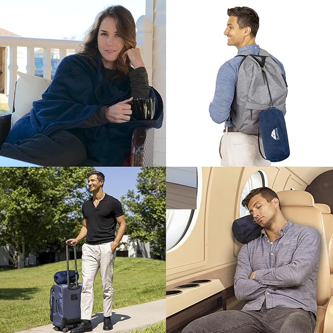 BlueHills Premium Soft Rolled Travel Blanket Pillow Airplane - Navy Blue | Travel Accessories, Lightweight Plush, Full Body Coverage, Compact Carry Case, Warm Travel Cover/Gift, 70 X 48 Long Blanket - Image 3