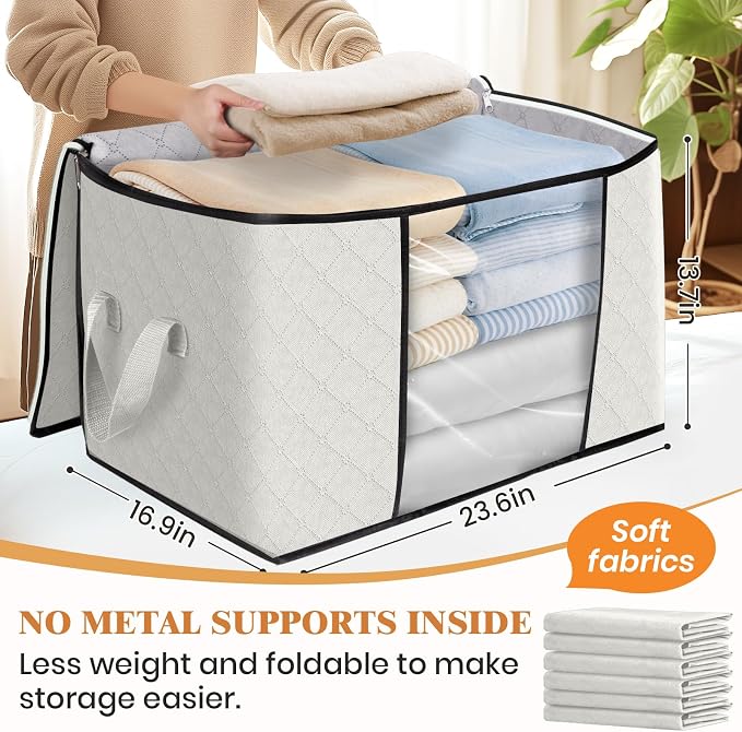 90L Clothes Storage, Foldable Thick Fabric Blanket Storage Bags | Foldable Containers with Zippers,Window and Handles for Organizing Bedroom, Closet, Comforter, Bedding,Dorm essentials - Image 2