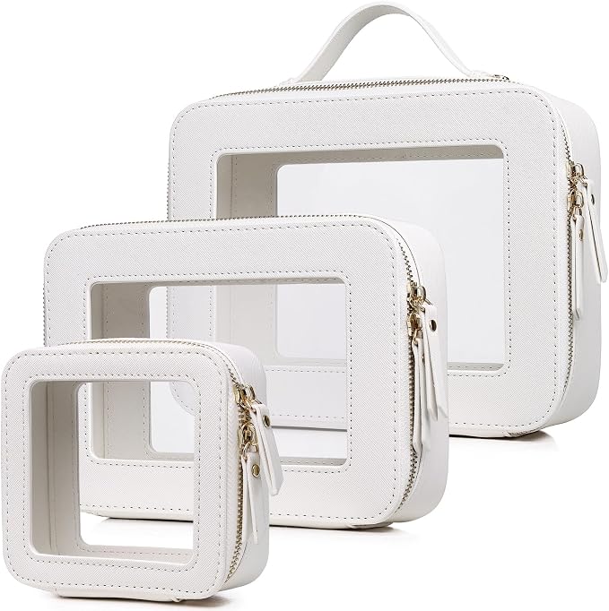 Pinkmik Clear Makeup Bag, (White, L+M+MINI) | Waterproof, Travel Case for Cosmetics and Toiletries, Women's Purse Organizer, Clear Car Bag with Zipper by Pinkmik