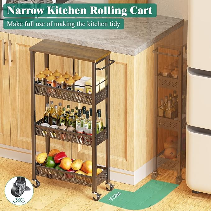 Slim Rolling Storage Cart 4 Tier Bathroom Organizer Mobile Shelving Unit Utility Cart with Wood Top and Handle for Kitchen Laundry Narrow Places, Black - Image 3