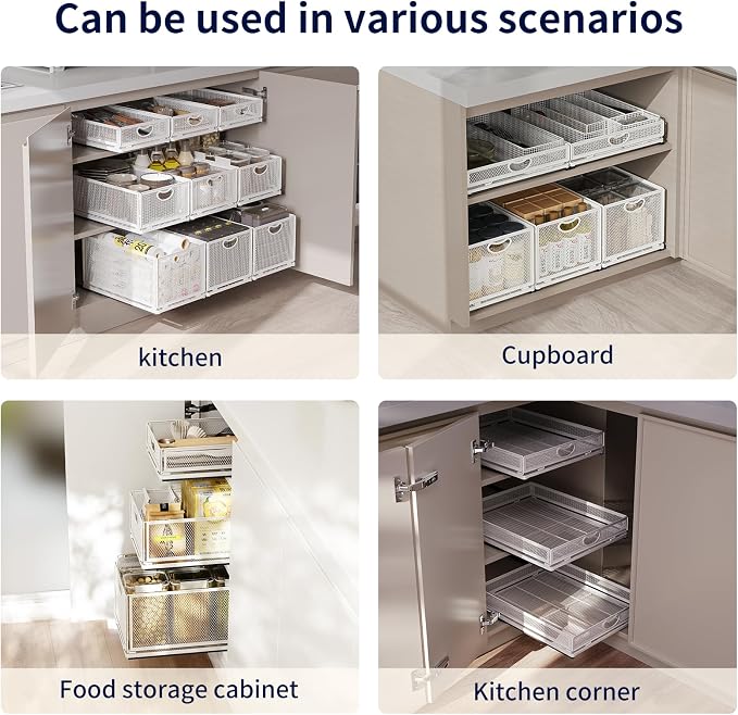 Pull Out Cabinet Organizer, No Drill Adhesive Sliding Drawers for Kitchen, Metal Mesh Wire Storage Shelf for Pantry & Under Sink, White (9.6" W x 15.7" D x 8.4" H) - Image 2