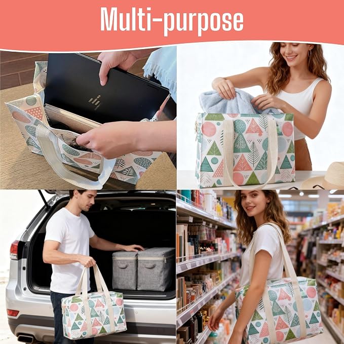 VENO 2 Pack Utility Tote Reusable Grocery Bags with Zipper & Hard Bottom | Heavy Duty Foldable Water-Resistant Shopping Bags for Summer Beach, Pool, Picnic & Travel Carry-on (Pastel Forest, 2 Pack) - Image 2