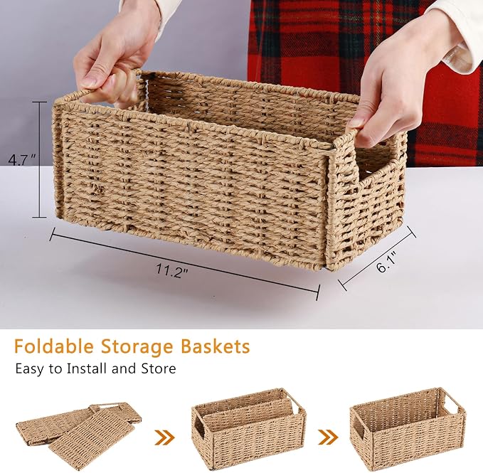 Wicker Storage Basket, Set of 2 Hand-Woven Paper Rope Wicker Basket, Small Storage Baskets for Organizing Toilet Paper Basket, Foldable Large Cube Storage Organizer Bins for Shelves (Natural) - Image 5