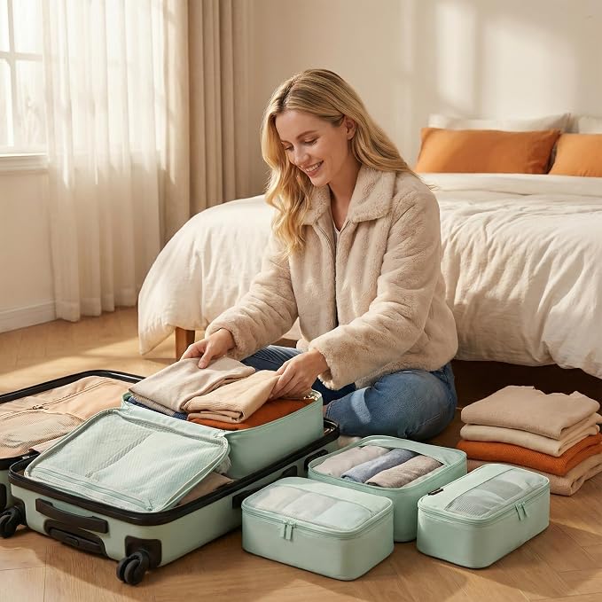 4 Piece Compression Packing Cubes for 3–7 Day Travel, Light Green | Wrinkle-Resistant Memory Fabric, Breathable Mesh Panel, Double-Zipper, Small to Large Size Bag, Smart Organization - Image 7