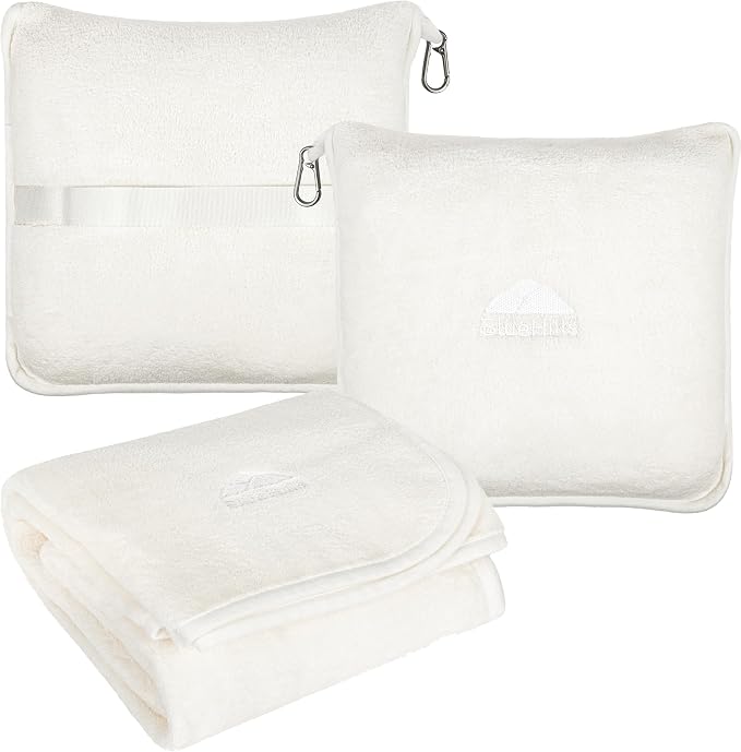 BlueHills Premium Soft Travel Blanket Pillow Combo Airplane - Ivory White | Travel Blanket Pillow Combo, Luggage Strap & Backpack Clip, Compact Portable Plane Accessories, Airplane Comfort, Soft & Cozy by BlueHills