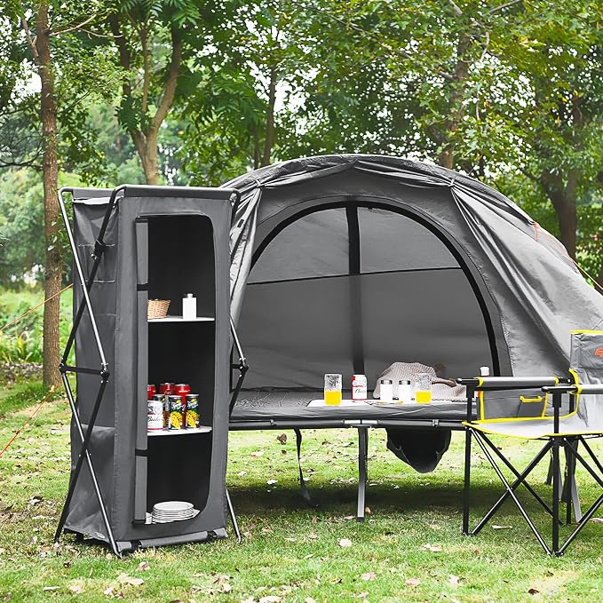 Giantex Folding Camping Storage Cabinet with 3 Shelves and Carry Bag, Portable Outdoor Organizer Kitchen Table, Quick Set-up for BBQ, Picnic, Backyard, Compact Pop-Up Cupboard, 55''H - Image 2