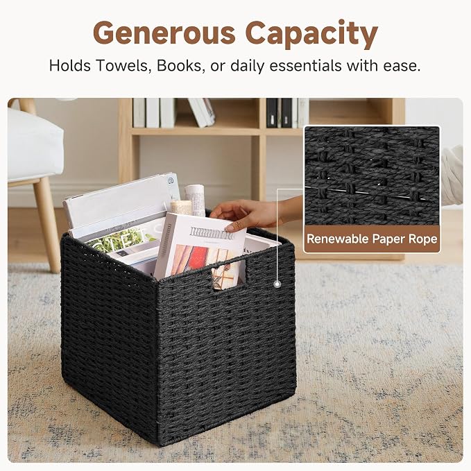 StorageWorks 13 inch Black Wicker Baskets for Storage,Foldable Black Basket | 2-Pack, Handwoven Wicker Storage Baskets for Organizing, Square Storage Cubes, Black Storage Bins, Paper Rope Square Baskets - Image 4
