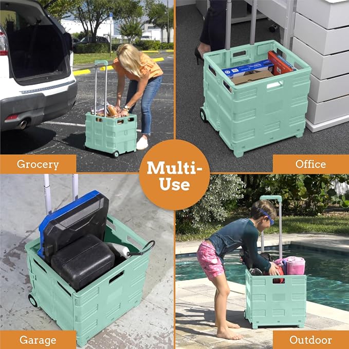 Inspired Living Ultra-Slim Rolling Collapsible Storage Pack-N-Roll Utility-carts, with Telescopic Handle, for Home, Garden, Shopping, Office, School use, Large, Mint - Image 5