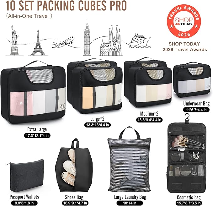 Veken 10 Set Packing Cubes for Travel Essentials,Anti-Wrinkle Buckled Suitcase Organizer for Shoe & Toiletry Bag,Carry On Luggage Bag with 99+ Count Mesh Holes for Airplane & College Dorm Accessories - Image 2
