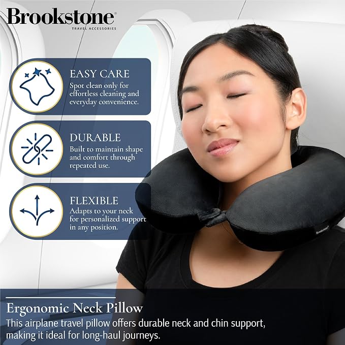 Brookstone Travel Neck Pillow - Lightweight U-Shaped Memory Foam Travel Pillow for Airplane, Car Travels & Sleeping, Black | Brookstone Travel Neck Pillow Lightweight U-Shaped Memory Foam Pillow - Image 3