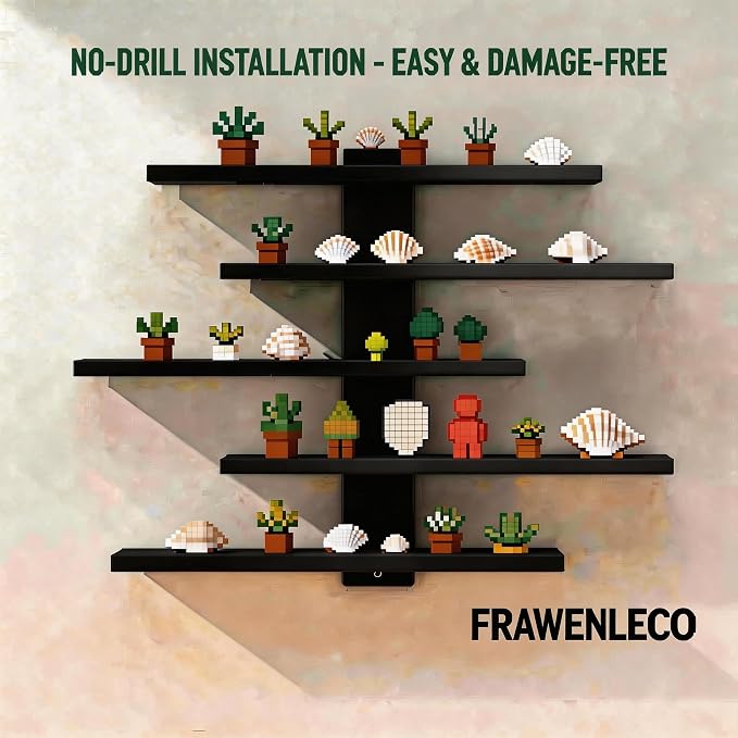 No Drill Floating Shelf for Wall, 5-Tier Wall Mounted Organizer, Damage-Free Display Shelf for Collectibles, Figures, Bathroom Kitchen Storage, Black - Image 6