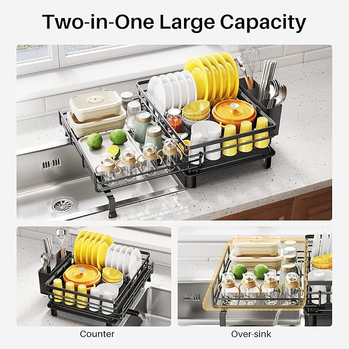 Expandable Dish Drying Rack for Kitchen Counter, Stainless Steel, Black | Foldable Over Sink, Large Capacity, Adjust to Fit Most Sinks, Angled Drainboard, Removable Utensil Holder, Slip Resistant - Image 2