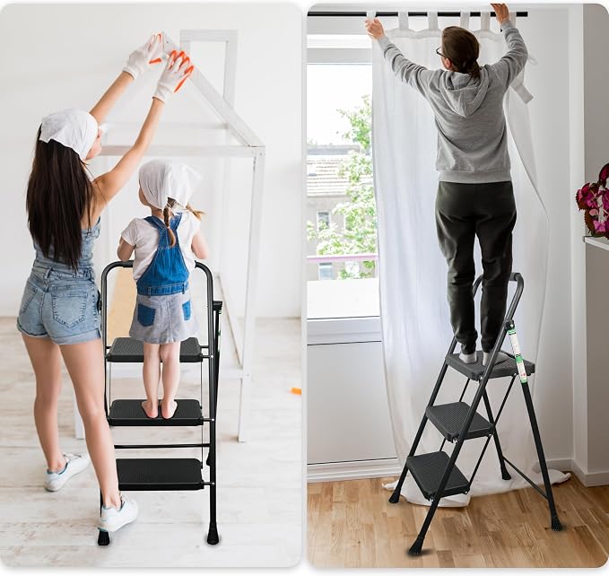Arbusb Step Ladder, Folding Step Stool with Wide Anti-Slip Pedals, Sturdy Steel Ladder with Handrail, Space-Saving, Portable for Home & Adults, 3 Step Black - Image 7