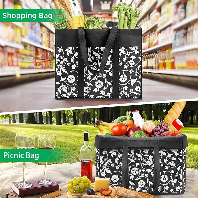 Reusable Grocery Bags Foldable Tote Bags bulk Shopping Bags 4-Pack, Black | Reinforced Handles Shopping Bags for Groceries Heavy Duty Kitchen Reusable Grocery Bags with Waterproof Coating - Image 7