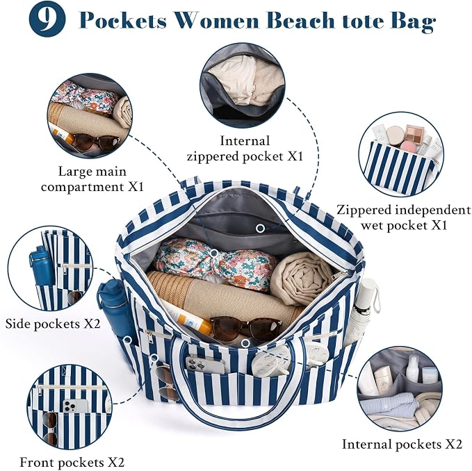 Large Beach Bags for Women, Waterproof Sandproof Beach Tote Bags Swim Pool Bags with Zipper & Wet Pocket Family - Image 4