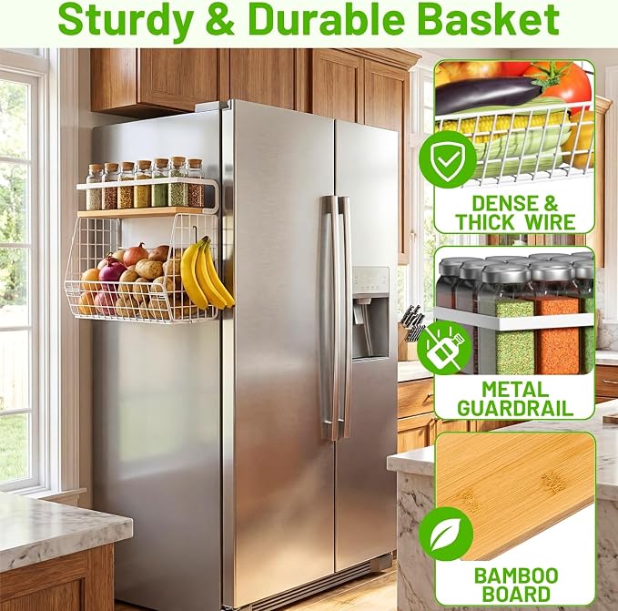Magnetic Fridge Shelf with Wood Lid, Fruit Potato Onion Storage Bins, Pantry Organizers, Large Container Spice Rack for Refrigerator, Kitchen Counter, Cabinet (1, White) - Image 2