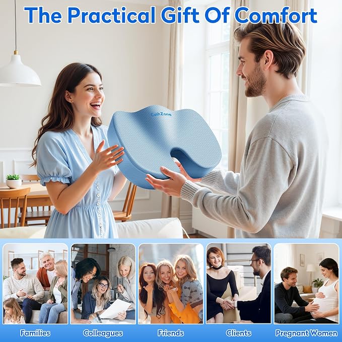CushZone Memory Foam Seat Cushion for Office Chair & Car, Light Blue | U-shaped Coccyx Cutout, Contoured Design, Breathable Removable Mesh Cover, Non-Slip Base, Carry Handle - Image 7