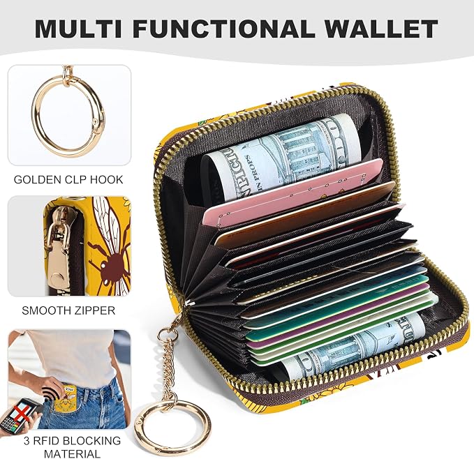 Credit Card Holder for Women,Small Rfid Wallet with Keychain Zipper,Cute PU Leather Card Case Wallet，Accordion Credit Card Wallets Gift,Bee kind - Image 2