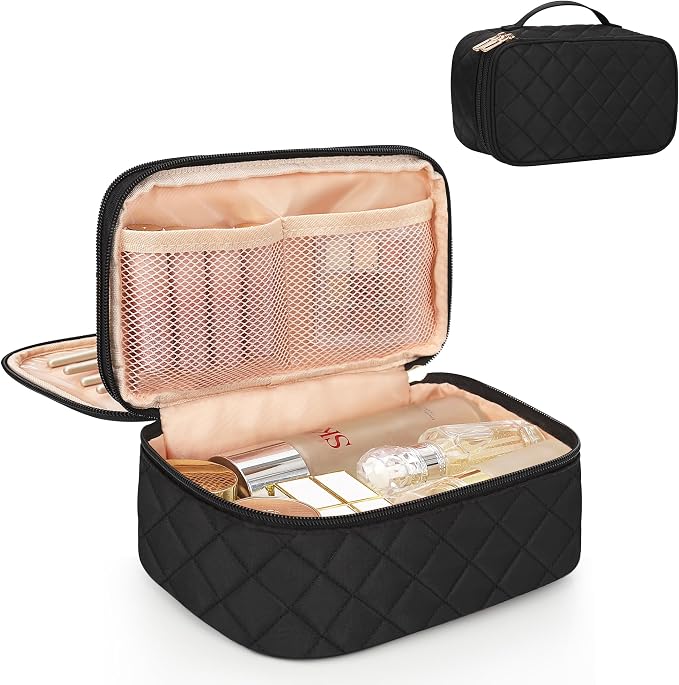 Relavel Small Travel Makeup Bag for Women, 2 Layer Makeup Organizer | Travel Cosmetic Bag with Separate Brush Compartment, Portable Make Up Storage with Handle for Short Trip, Gym by Relavel