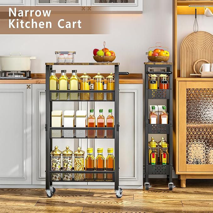 Slim Storage Cart with Wheels, 4 Tier Metal Rolling Organizer with Wood Top and Handle, Narrow Utility Shelf for Kitchen Bathroom Laundry Room, Black - Image 4