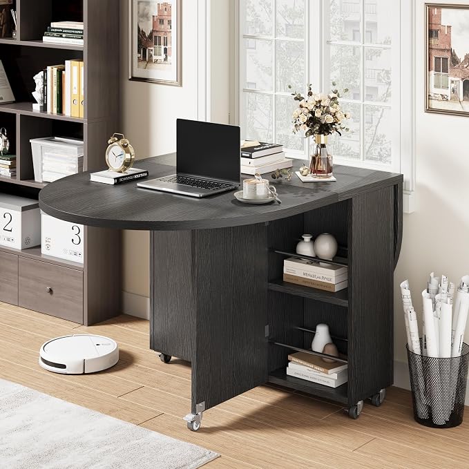 Jocoevol Round Folding Dining Table for 4, Space Saving Drop Leaf Kitchen Table with Storage Drawer, 6 Wheels Oval Gateleg Foldable Dining Table for Small Spaces(Black 47 * 23.6 * 30) - Image 9