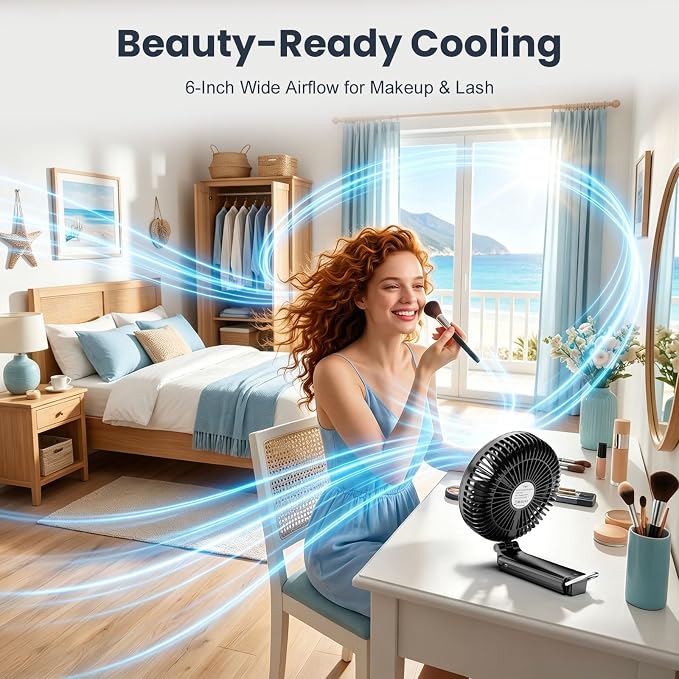 Portable Handheld Fan, 10000mAh Rechargeable 6-Inch Personal Fan for Travel | Ultra Quiet Foldable Desk Fan, 5-Speed Battery Operated Fan with Up to 40H Runtime and Digital Display for Travel and Makeup - Image 5