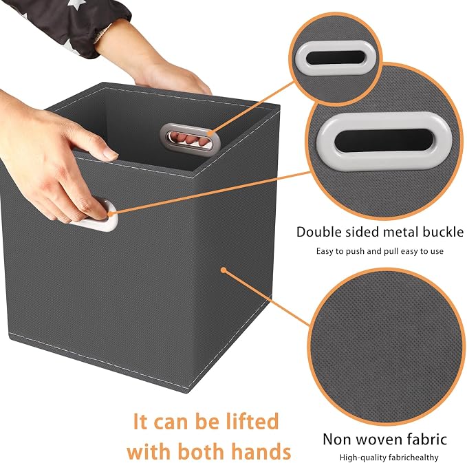 Yunkeeeper storage bins Cubes, Fabric Cube Organizer with Handle, Foldable Cube Bins for Cloth or Accessary Storage, 11x11x11, Set of 3,(Gray) - Image 7