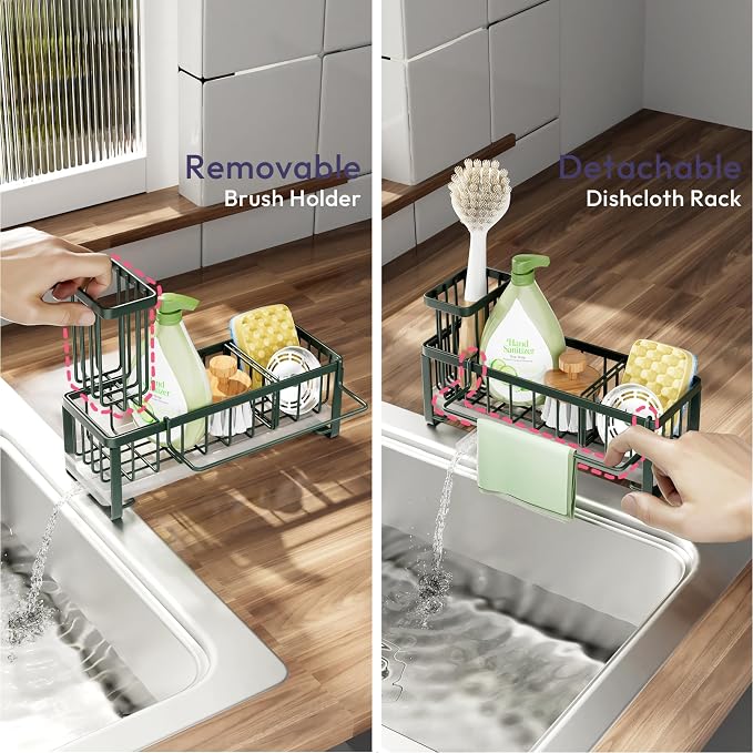SWTYMIKI Sponge Holder for Kitchen Sink - Sink Caddy with Brush Holder Self-draining Sponge Caddy Organizer with Divider Stainless Steel Kitchen Accessories Storage for Countertop, Green - Image 3