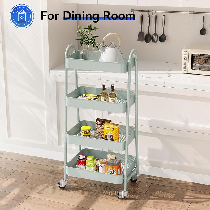 OLIXIS Metal 4 Tiers Rolling Storage Utility Cart with Lockable Wheels | Mobile Organizer Shelf, Space-Saving, Freestanding, Bathroom, Living Room, Slim, Narrow Corner Spaces, Green - Image 6