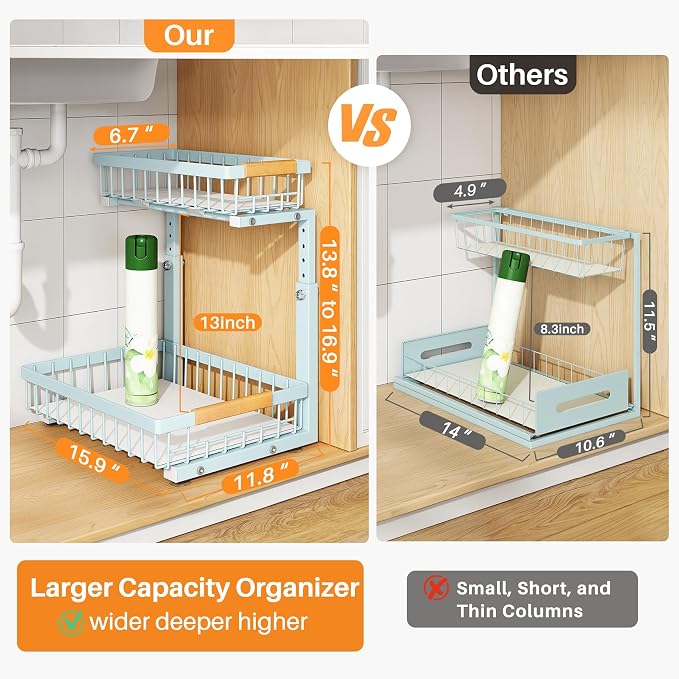 PXRACK Under Sink Organizer, Adjustable Height, 2 Tier Pull Out Under Cabinet Organizer, Slide Out Thickened Metal Under Sink Storage for Kitchen Bathroom Laundry Pantry Cabinet, Blue, Large-1-Pack - Image 2