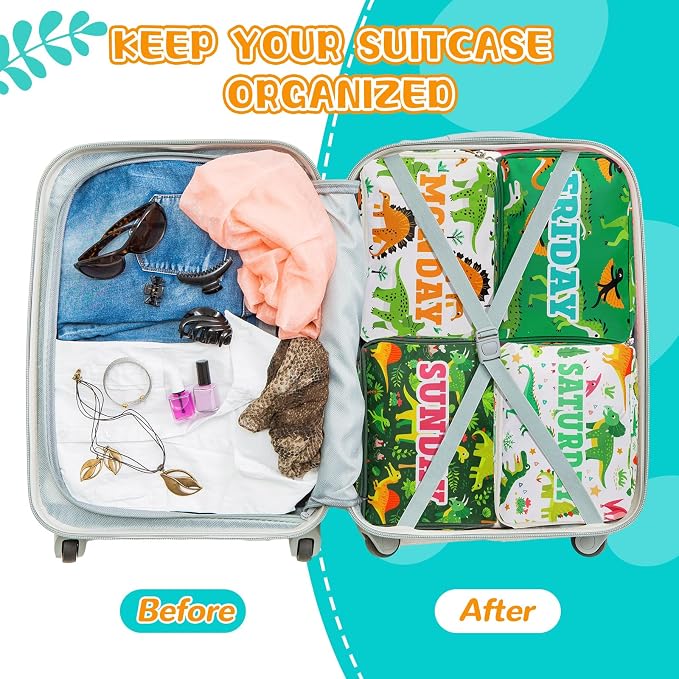 Paterr 7 Pcs Days of Week Packing Cubes for Kids Travel Compression Packing Cubes Colorful Luggage Organizers Suitcase Camp(Dinosaur) - Image 3