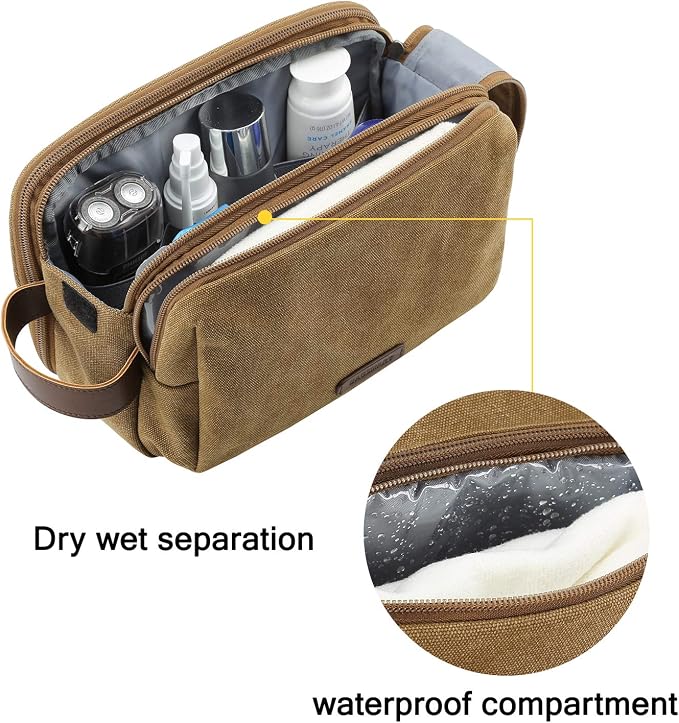BAGSMART Toiletry Bag for Men, Canvas Travel Toiletry Organizer Dopp Kit Water-resistant Shaving Bag for Toiletries Accessories,Khaki-Medium - Image 3