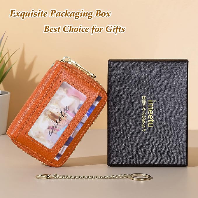 imeetu Rfid Credit Card Holder, Businese Card Case, Wallet for Women Men | Genuine Leather Card Wallet with id Window, Keychain & Double Zipper, Water-resistan Small Wallet with Gift Box, Daily Travel - Image 7
