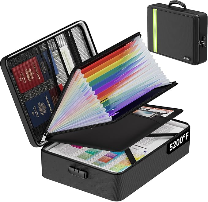 JHSafer Fireproof Document Bag with Lock for Letter/A4 Files, Soft | 5200℉ Fireproof Important Document Organizer with 13 Colorful Pockets, Portable Safe Storage for Home Travel Office by JIHOX