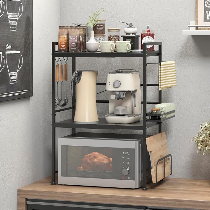 DOLALIKE Microwave Oven Rack, Expandable Microwave Stand Countertop Kitchen Utensils Tableware Storage, Carbon Steel Over Microwave Shelf Countertop with 6 Hooks | Adjustable Microwave Oven Rack Metal Storage Shelf for Pans Small Appliances Kitchen Ute... - Image 4
