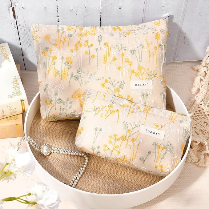 SOIDRAM 2 Pcs Makeup Bag Large Cosmetic Bag Toiletry Bag Makeup Pouch Travel Bag Organizer Cute Makeup Brushes Aesthetic Accessories Storage Bag for Women Wildflower Embroidery - Image 2