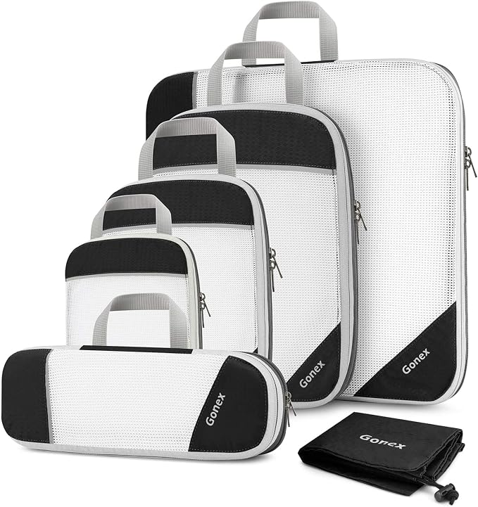 Gonex Compression Packing Cubes for Travel, Mesh Bags Luggage Organizers | Set of 4/5/6/7/10 for Essentials, Extensible, Fits 20"Carry-on Suitcases, See-through Mesh, Double Zipper Compression by Gonex